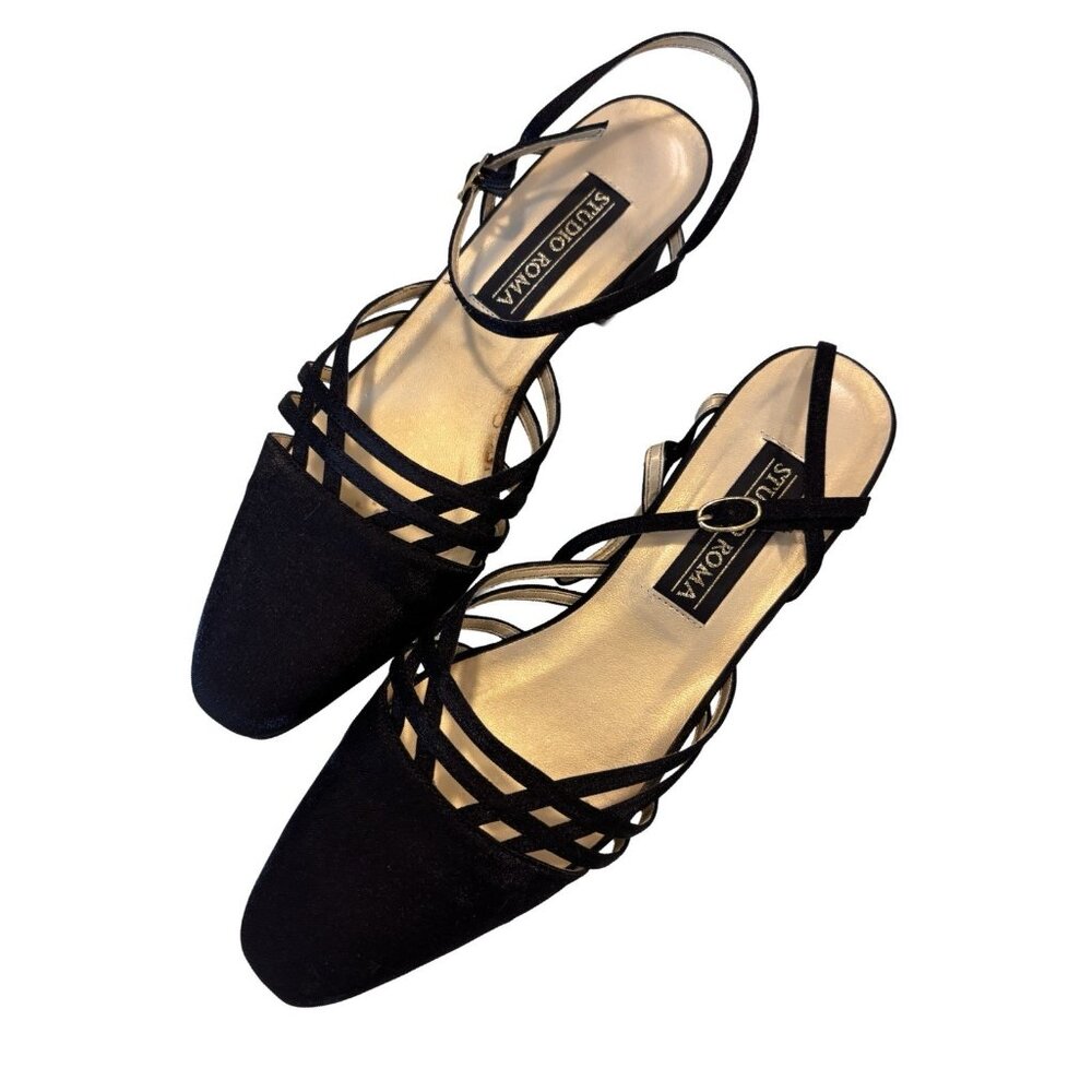 Vintage Studio Roma Black Gold Strap Shoe Heel 7.5 Classic women’s GENTLY used